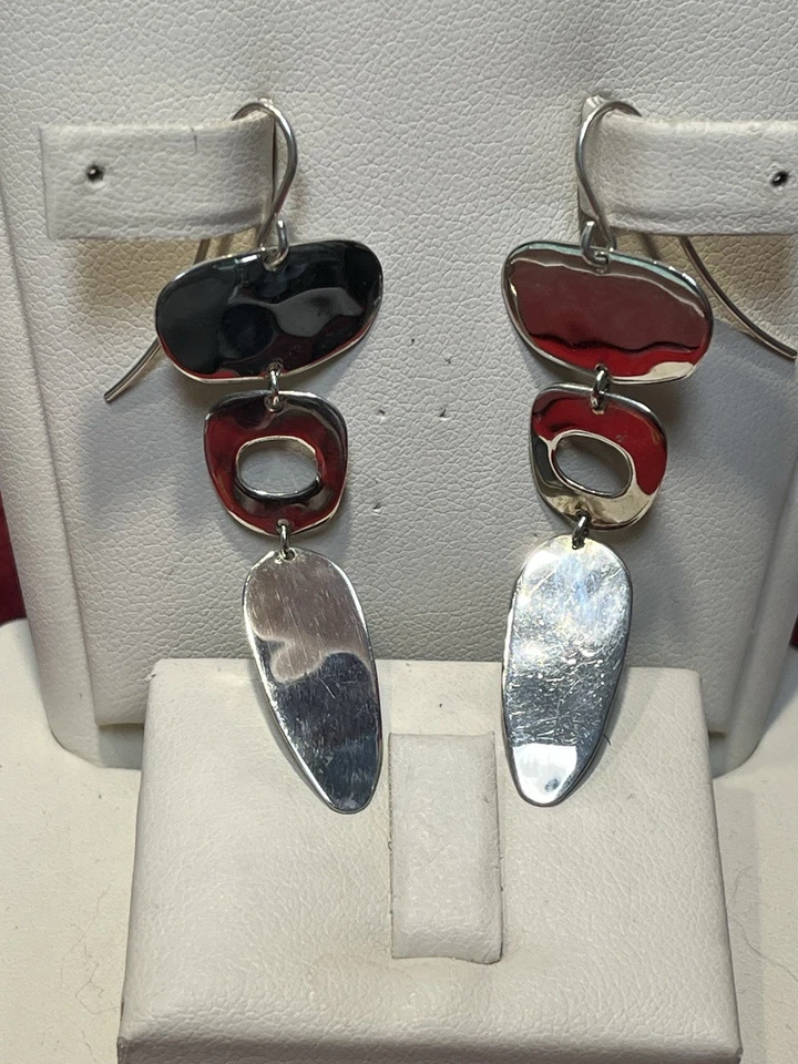 R.L. de plata de ley vintage Pendientes colgantes ovalados Morris Modernist 3 gotas de 2 1/4" Foto 4 de 4