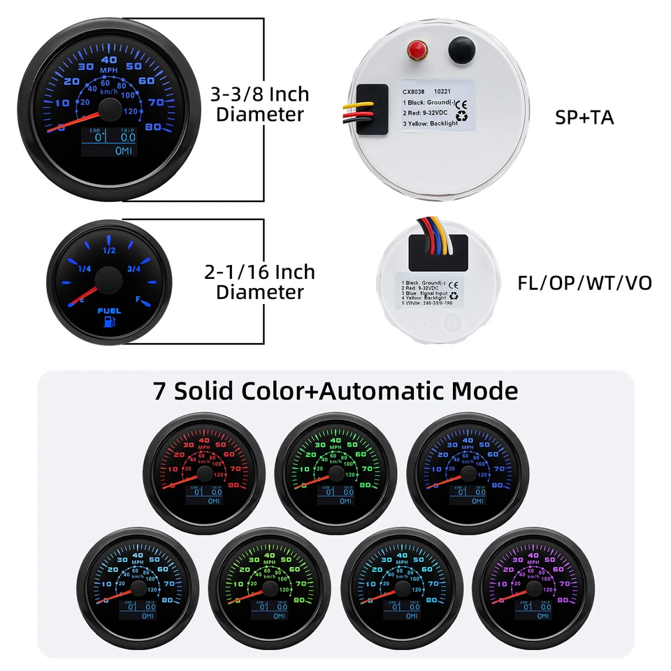 6 Gauge Set 85mm Black GPS Speedometer 80MPH/120KM/H With Sensor waterproof US - Image 4 of 4