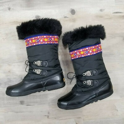 Sorel Winter Boots Black and Floral Boho Lined Faux Fur Womens Size  Canada