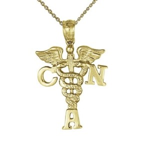 Authentic Sterling Silver Yellow Gold Plated Necklace, Certified Nursing Assistant Pendant