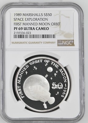 1989 Marshall Islands $50 Space First Manned Moon Orbit Silver