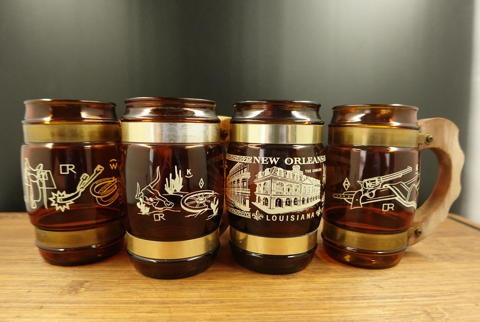 4 Siestaware Mugs, New Orelans, Skull and Wheel, Revolver, Horse Item Designs