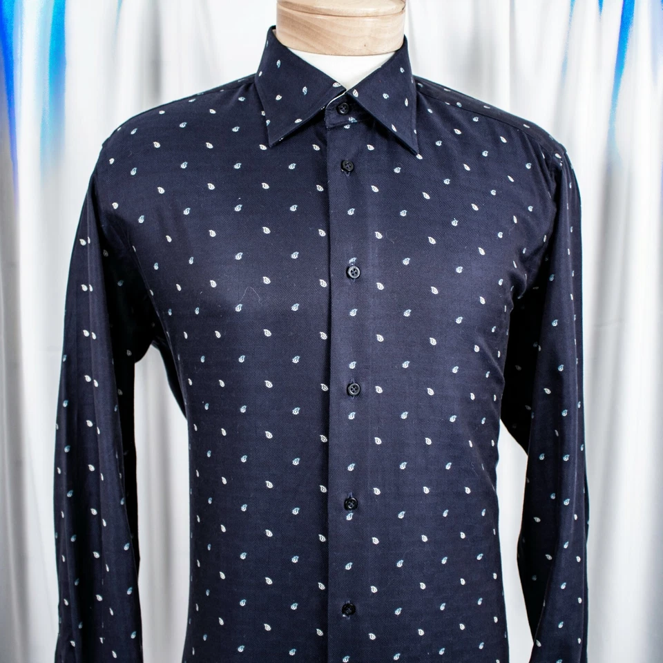 Camisa social masculina ROBERT GRAHAM punhos franceses azul marinho branca paisley algodão tamanho G - Imagem 3 de 4