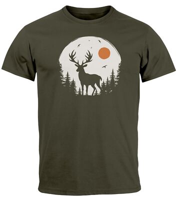 Herren T-Shirt Frontprint Hirsch Wald Outdoor Natur Wildnis Printshirt Männer
