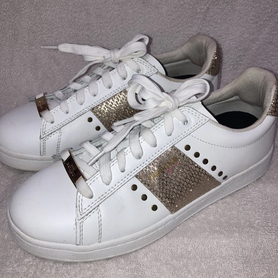 Robert Cavalli Sport White Leather Glitter Snakeprint Studded Sneakers Sz 7.5W - Image 3 of 4