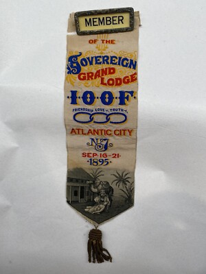 Antique 1895 Odd Fellows Silk Ribbon With Member Pin
