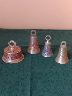 Four Small Colored Etched Hand Crafted Vintage Ornate Small Brass Bells.
