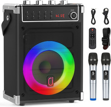 Karaoke Machine with 2 Wireless Microphones, Portable Bass/Treble Bluetooth Spea
