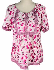 Natural Ego Scrub Top Womens Size Large Pink Animal Print Short Sleeve Pockets