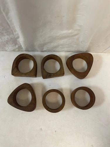 Set of 6 Multi-shaped Vintage Wooden Napkin Rings