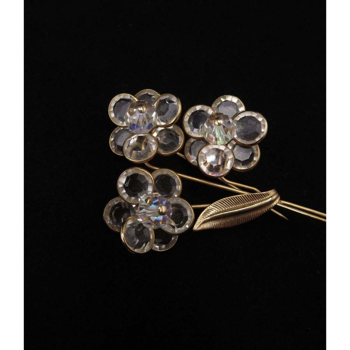 VTG Gold Tone Bezel Set Faceted Crystal Triple Flower 2.5