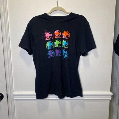 Retro Pop Art Taco Bell Logo Graphic Tee Black V-Neck Multicolor Fast Food Shirt