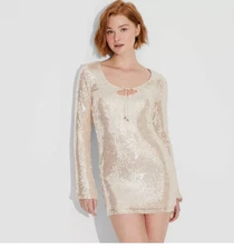 Women's Long Sleeve Sequin Mini Shift Holiday Dress Wild Fable Champagne 414-15