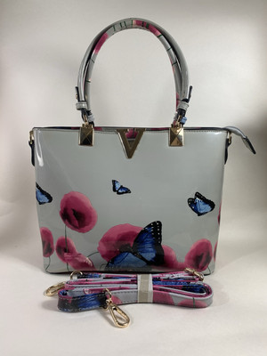 Hellgraue PVC-Handtasche mit Blumen- & Schmetterlingsmuster und oberem Griff abnehmbarer Riemen