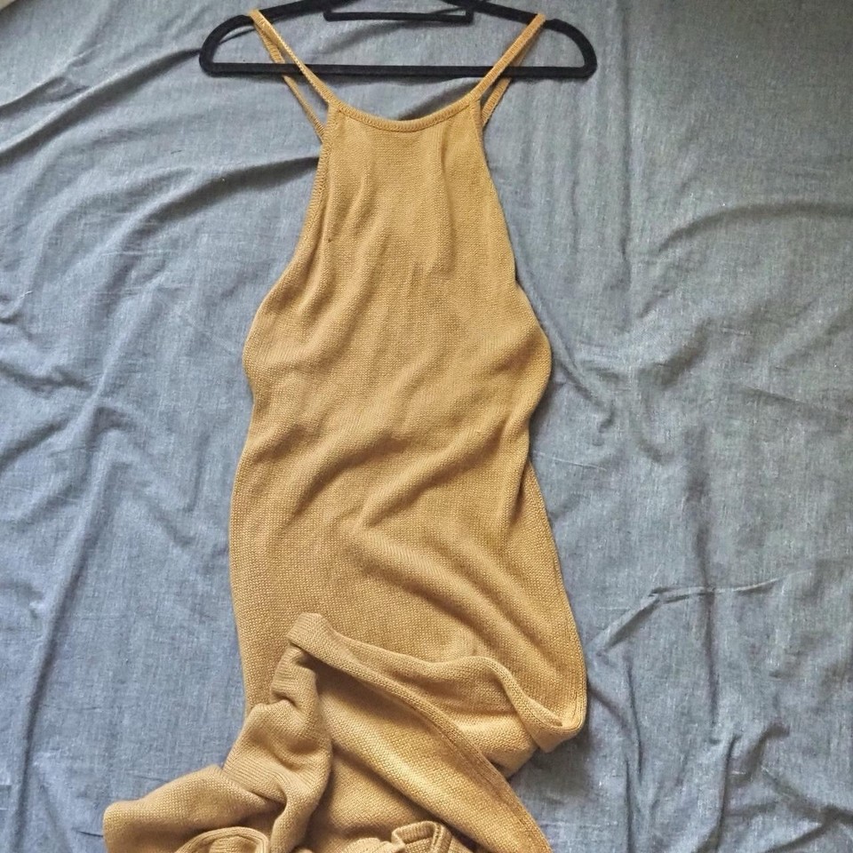 ONE Mile Tan Knit Halter Backless Midi Slip Dress Sleeveless