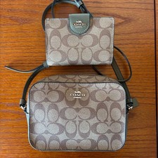 COACH Canvas Shoulder Bag and Wallet Set Brown Adjustable Strap Authentic