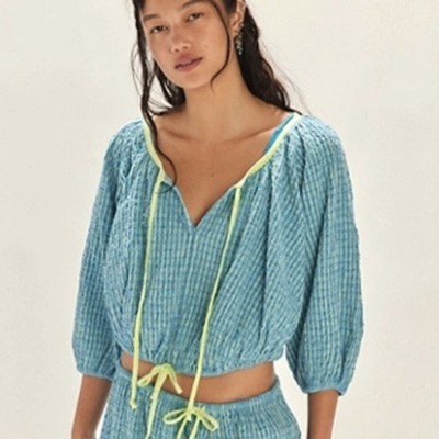 NWT Free-est Free People Clara Plaid Top Bubble Size Extra Small Beachy Crinkle