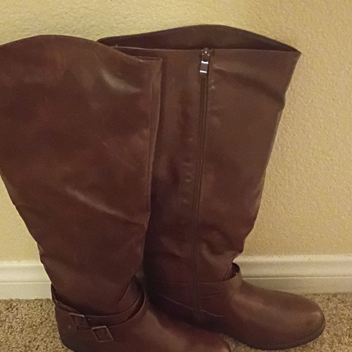 Women’s Brown Knee High Zip Boots w/ Buckle Accents, Solid Round Toe
