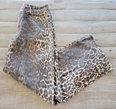 EDIKTED Womens M Animal Leopard Cheeta Print Button Zip Up Wide Leg Casual Jeans