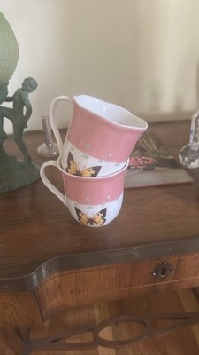 Lenox Butterfly Meadow Pink White Butterfly Stacking Coffee Tea Cups Set 2