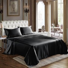 CozyLux Satin Sheets Queen Size - 4 Piece Black Bed Sheet Set Queen,