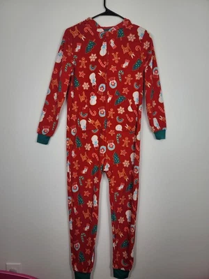 Cat &Jack Youth Red Christmas Print Union Suit Sz L 10/12 One-Piece Pajama Hood - Image 1 of 4