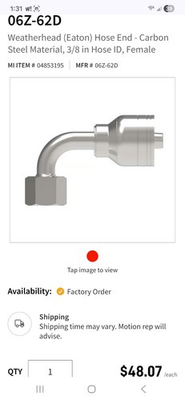 #ad 06Z 62D Weatherhead Eaton Hose End Carbon Steel Material 3 8 in Hose ID Female $39.98