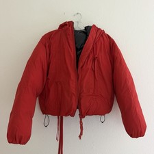 Women  s Red Hooded Puffer Jacket Full Zip Short Length Pockets Drawstring
