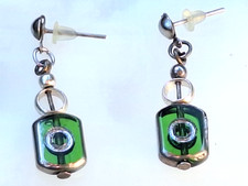 Vintage Silver Tone Emerald Color Glass Dangle Pierced Earrings 1 1/4" Long