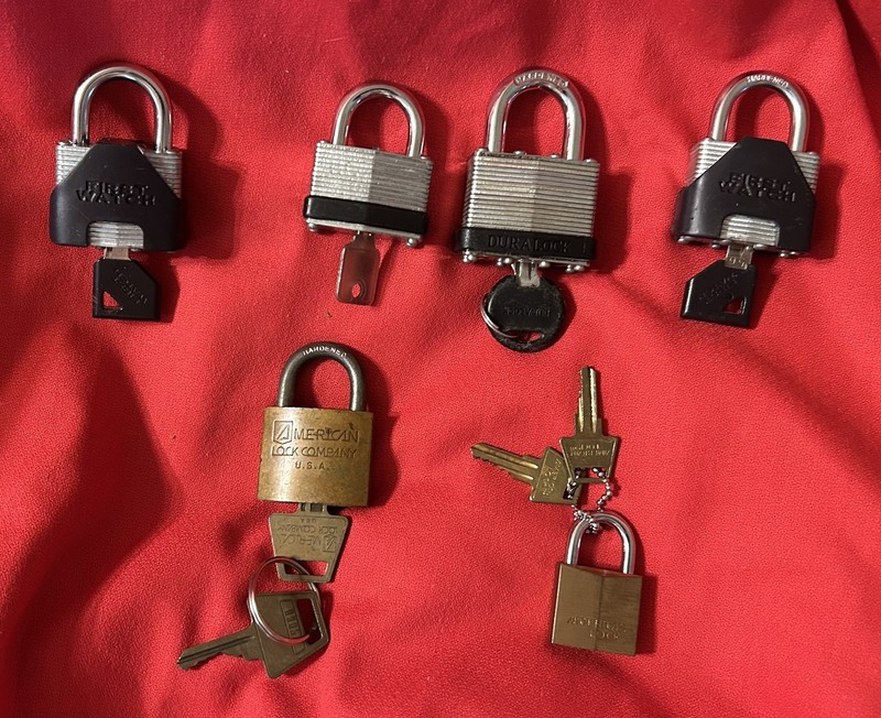 Lot 6 Padlocks, First Watch, Brinks,  Duralock, American - Hardened With Keys