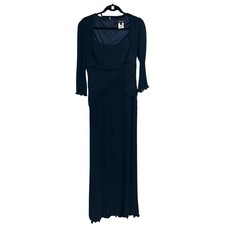 Tadashi Shoji Navy Blue Pleated Ruffle Sleeve Maxi Evening Dress Womens 12