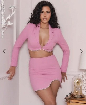 Forever Unique Women's Pink Embellished Hem Cropped Blazer & Skirt Co-Ord UK10