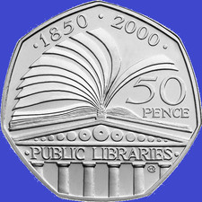 50p Coin. QUEEN ELIZABETH II PUBLIC LIBRARIES FIFTY PENCE COIN 2000. BUNC.