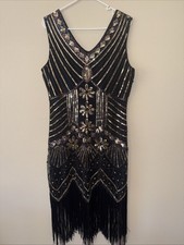 Women  s XL 1920  s Flapper Dress Black Gold Beaded Sequin