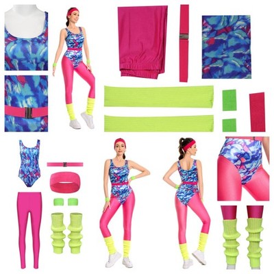 80s Fitness Costume 6-Pcs Set Colourful Jumpsuit Vintage Aerobic Clothing Yoga