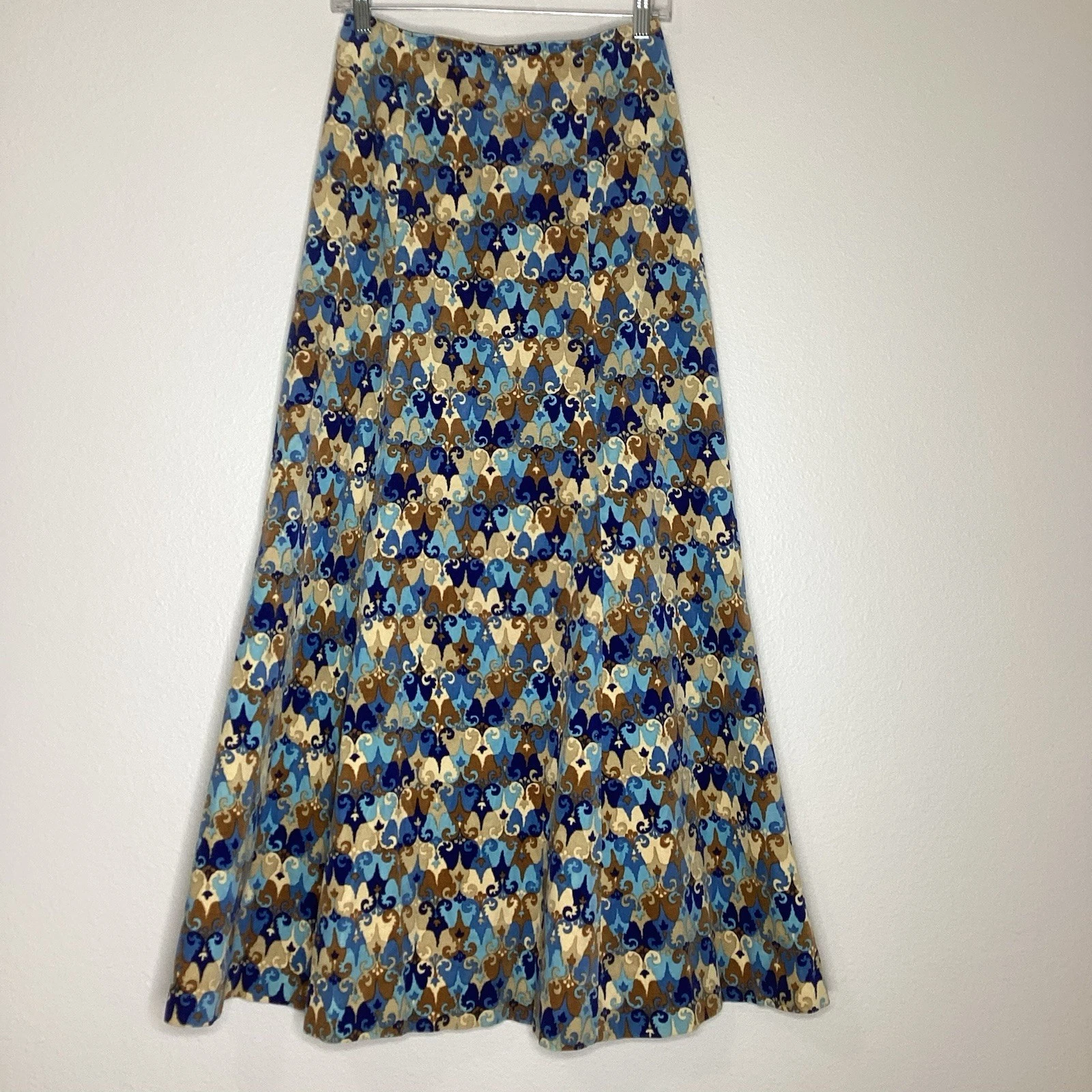 Vintage Neiman Marcus Maxi Skirt Italy Cotton Blue Brown Sz 12
