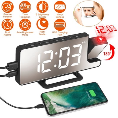 LED Digital Mirror Projection Alarm Clock Home FM Radio Thermometer Hygrometer