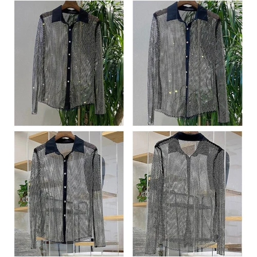 Lady Rhinestone Crystal Shirt Party Blouse Net Sheer Shiny Glitter Club Wear - Picture 12 of 16