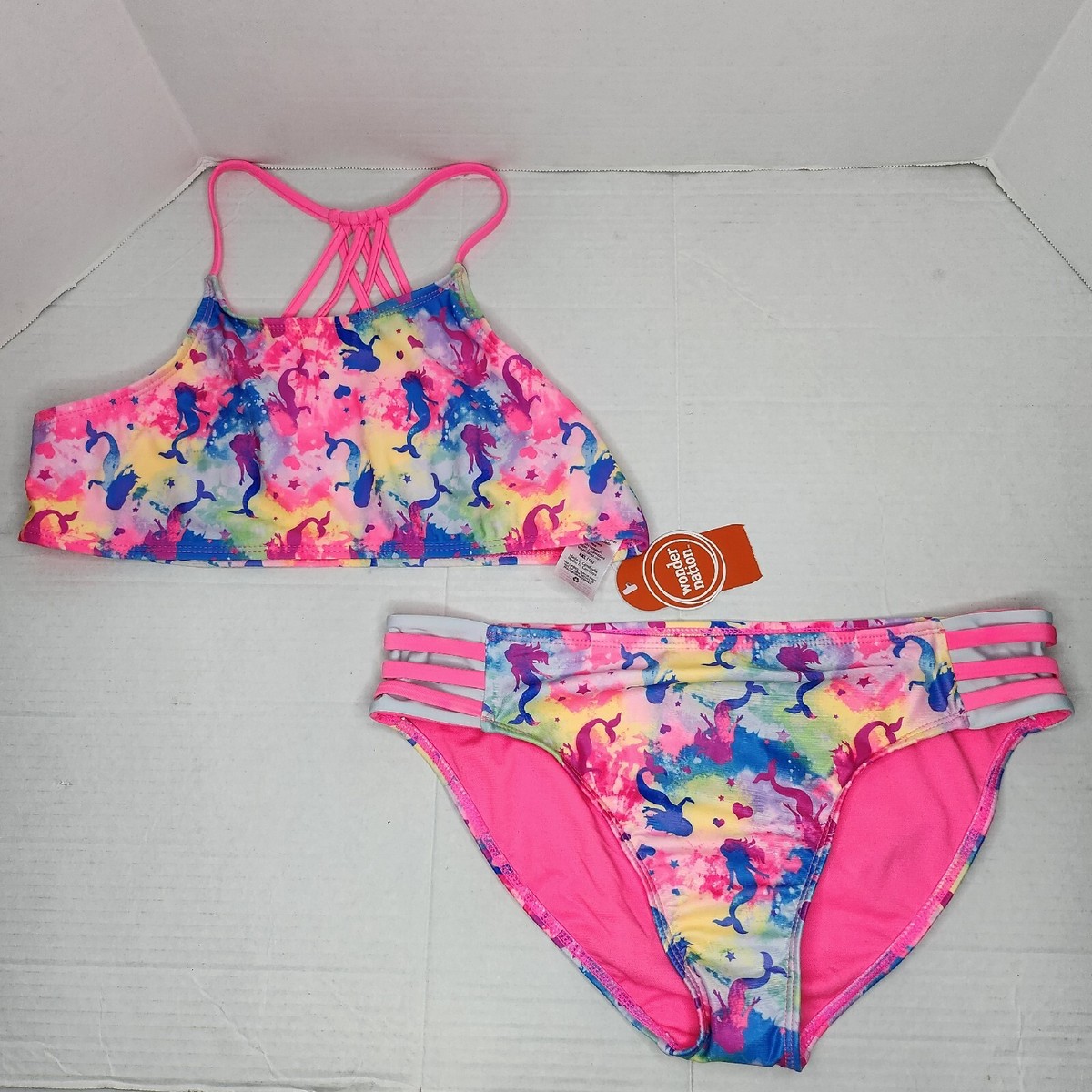 New Wonder Nation Girls Mermaid Bikini Swimsuit Strappy Back Piece Pink  XXL 18