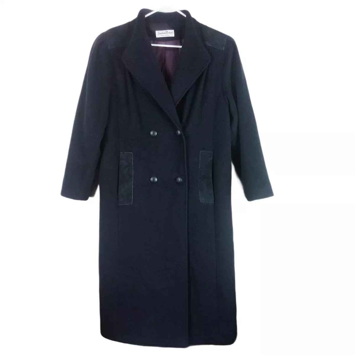 Jonathan Michael Vintage Long Wool Coat Medium Black Suede Shoulder Lined USA