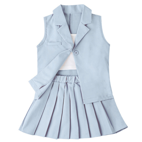 Girl Suit Vest Coat Shirt Pleated Skirt Set 3PCS Lapel Elastic Waist Formal Cute - Picture 6 of 16