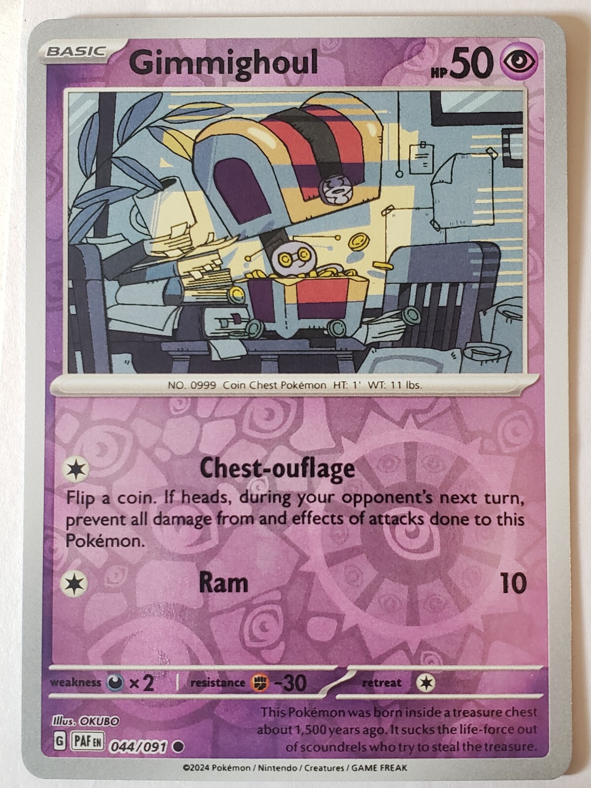 REVERSE HOLO Gimmighoul 044/091 NM / M Paldean Fates Pokemon Card - OKUBO Art