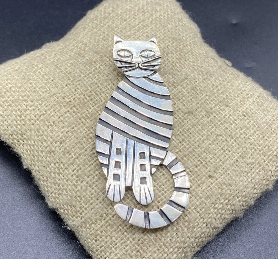 PLATA ESTERLINA - Broche/Pin grande atigrado a rayas gato felino