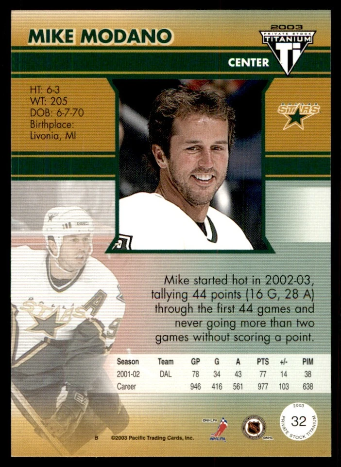2002-03 Pacific Private Stock Titanium Mike Modano Dallas Stars #32 - Image 2 of 2