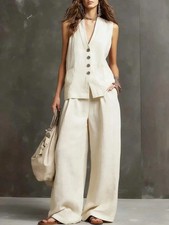 Polyester and Linen Cross-Border Sleeveless Vest Top And Wide-Leg Pants