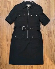 Michael Kors Black Utility Shirt Dress, Front Pockets Zipper Belted Size S