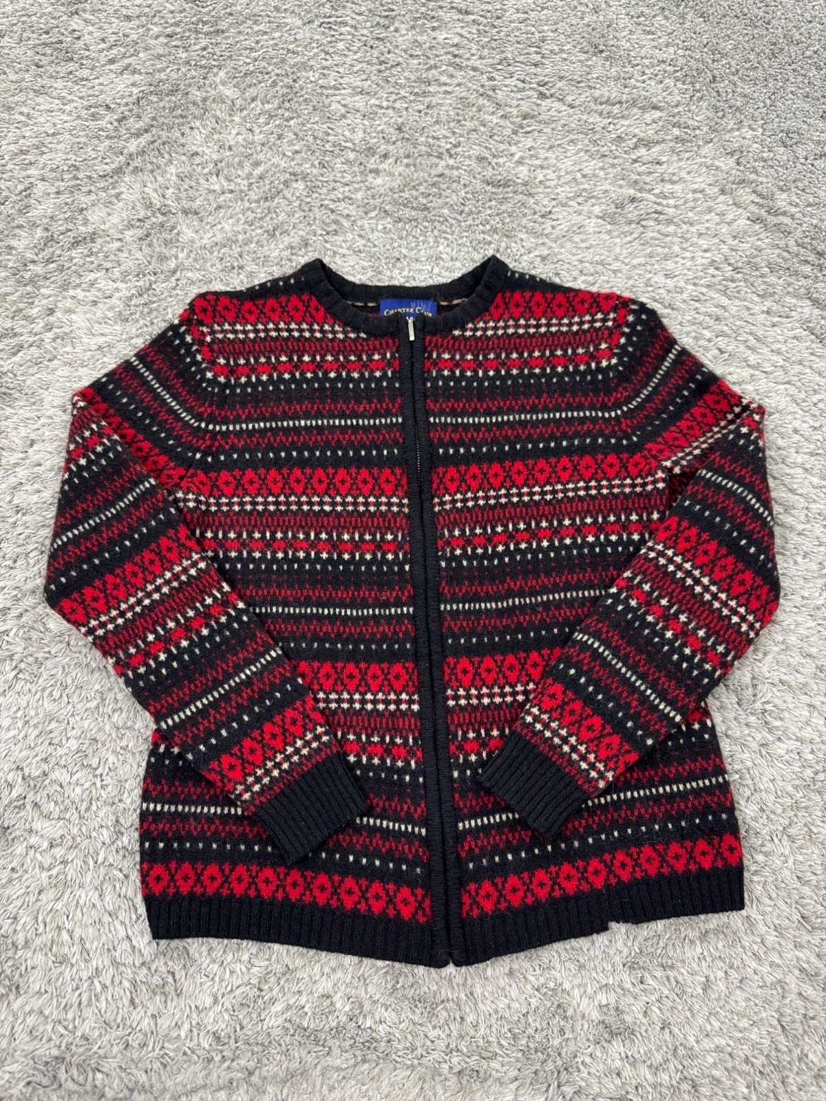 Charter Club Sweater Women Medium Lambs Wool Fair Isle Full Zip Aztec Cardigan