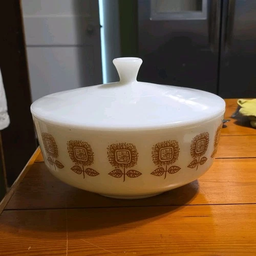Pyrex Milk Glass Bowl with Lid Brown Floral Pattern Round Glossy Pressed Glass