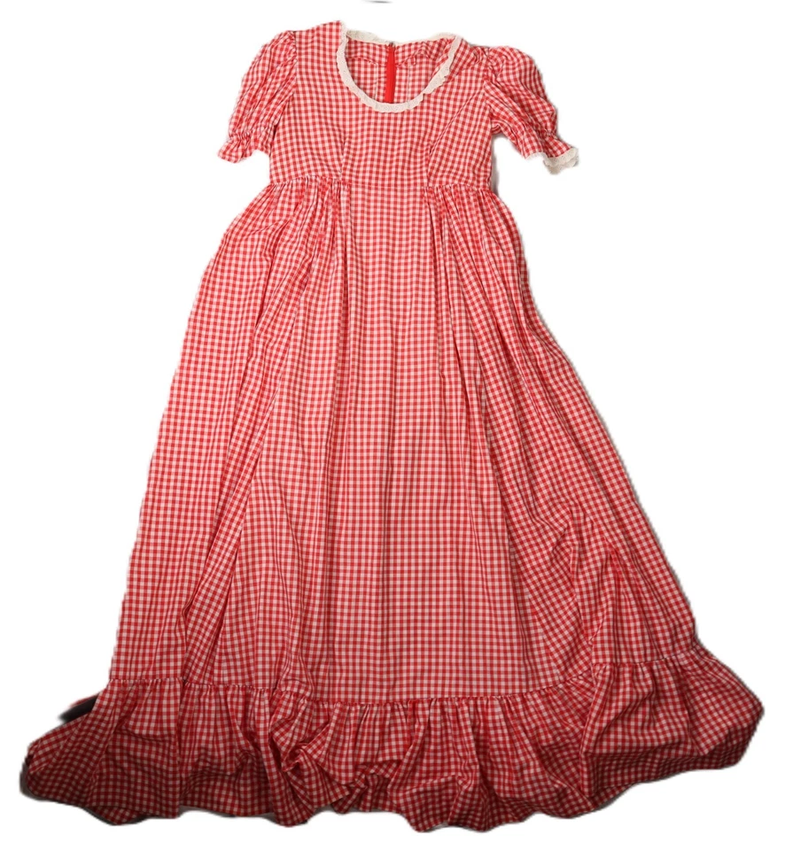 Maxi Vestido Largo Rojo De Colección Años 70 Para Mujer 16 XL Cottage Core Pradera Encaje Guinga Foto 2 de 4