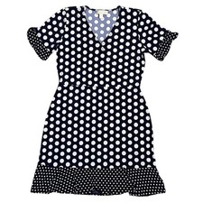 Michael Kors Ruffle Sleeve Hem V-Neck Navy Blue White Polka Dot Dress M